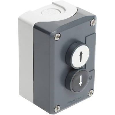 Schneider Electric trykkasse XALD med to knapper, en med pil op og en med pil ned, i grå plast med IP65.