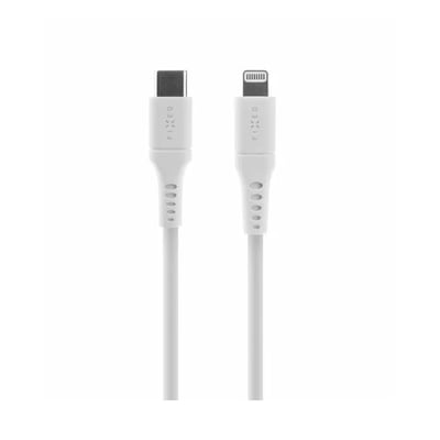 Hvidt Fixed-kabel i liquid silikone, 2 meter langt, med USB-C- og iPhone-stik synlige.