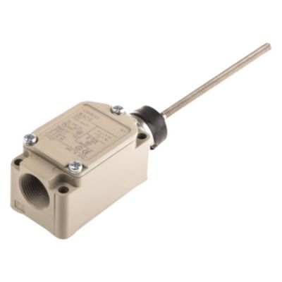 Omron WLNJ-GN endestop med fleksibel stang, vist fra siden med PG13 gevindindgang og DPDB funktion.