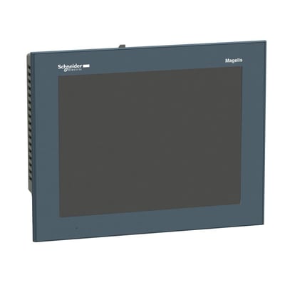 Schneider Electric Magelis GTO 10.4" TFT touch panel med grå ramme og mørk skærm, vist på hvid baggrund.