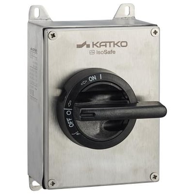 KATKO IsoSafe Ker 325 isolator med rustfrit stålkabinet og sort drejehåndtag set forfra.