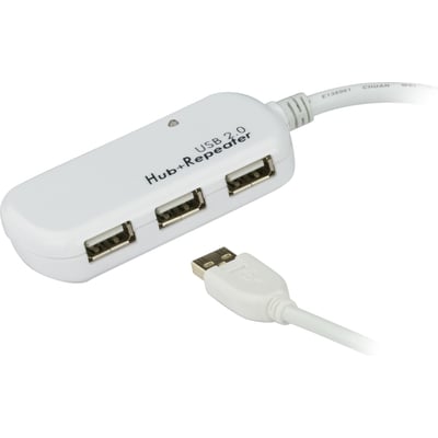 ATEN UE2120H aktivt, hvidt USB 2.0-forlængerkabel med hub med fire porte og separat USB-stik.