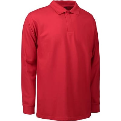 ID Identity poloshirt med lange ærmer i str. 3XL og farven rød, fremstillet i forkrympet materiale for øget stabilitet.