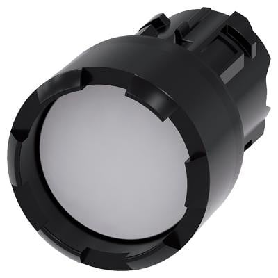 Siemens 22 mm trykknap med rund hvid plastikfrontring og forhøjet overflade, model 3SU1000-0DB60-0AA0.