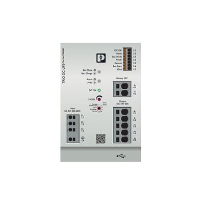 Phoenix Contact Trio-UPS DC-UPS 2G/3AC/24DC/20 afbrydelsesfri strømforsyning med tydelige mærkat og tilslutningsmuligheder på forsiden.