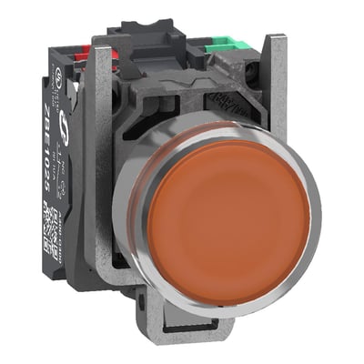 Schneider Electric lampetryk med plan, orange trykflade og metalring, inkluderer 1NO+1NC kontaktelementer og push-in klemmer.