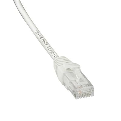 Lauritz Knudsen Cat6 U/UTP patchkabel på 1 meter, hvidt LSZH kabel med tydelig trykt tekst 'SCHNEIDER ELECTR' og RJ45 stik.