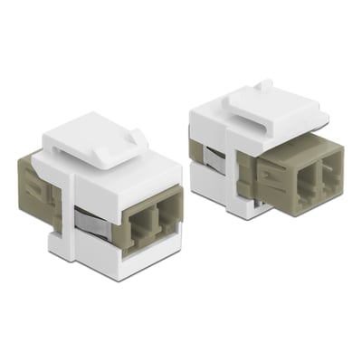 To DeLock Keystone moduler for fiberoptiske kabler med synlige LC Duplex hun-porte, viser den modulære koblingsmekanisme.