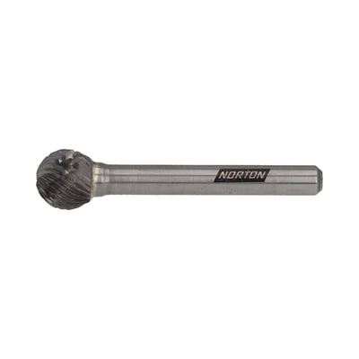 Norton hårdmetalfræser i form D med rundt fræsehoved og langt skaft, beregnet til afgratning af metal.