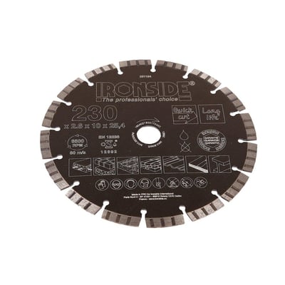 Ironside universal diamantklinge på 230 mm med mørk skive og segmenteret skærekant, vist forfra.
