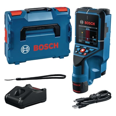 Bosch Detektor D-tect 200 C Professional med tilbehør, herunder L-BOXX, batteri, oplader og USB-C kabel.