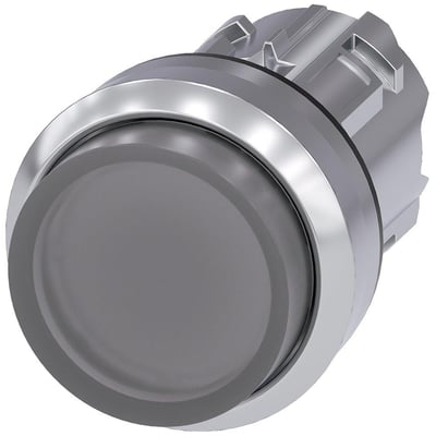 Siemens 22mm rund oplyst trykknap i metal med højglans, klar finish og momentan kontakt på hvid baggrund.