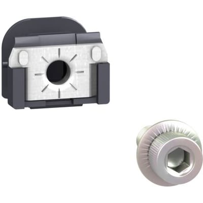 Schneider Electric klipsemøtrik M8 og en separat M8 bolt vist på hvid baggrund.