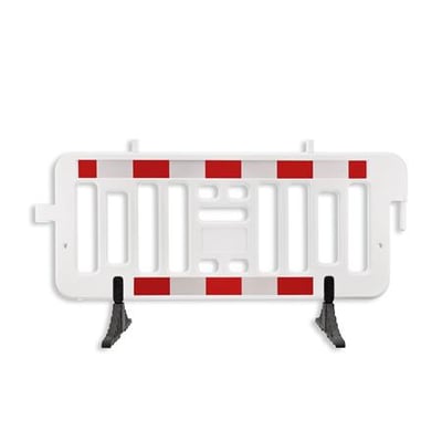 Letvægts spærrebom 100 x 200 cm i hvid plast med røde og hvide refleksbånd, med drejbare sorte fødder.