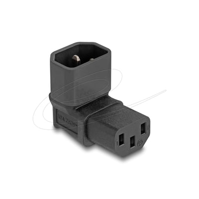 Sort DeLock-strømadapter med IEC 60320 C14-hanstik og C13-hunstik, udført i 90° vinkel til 10 A.