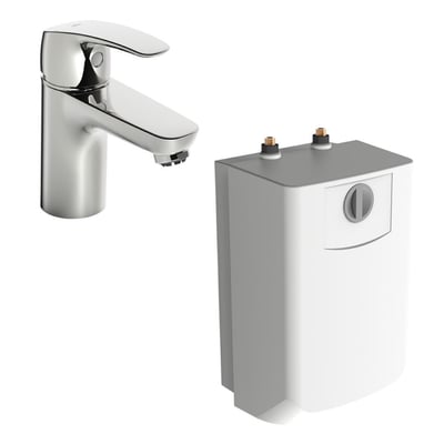 Oras Safira krom håndvaskarmatur og vandvarmer vist sammen på en hvid baggrund, ideel til fritidshuse.