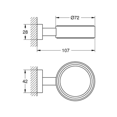 Teknisk tegning af Grohe Essentials Cube holder med dimensioner i millimeter for bredde, dybde og diameter.