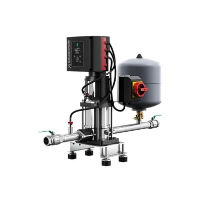 Grundfos CR 10-10 A-A-A-E-HQQE centrifugalpumpe med tryktank og digitalt kontrolpanel, udført i rustfrit stål og støbejern.