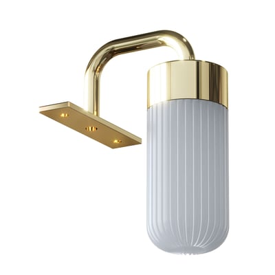 Dansani YOU Lyra spejllampe i skinnende messing med sylindrisk ribbet glasdiffusion og indbygget LED.