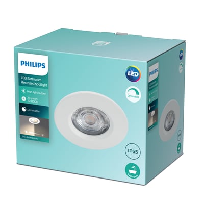 Philips Dive indbygningsspot i hvid, 5W, 2700K, IP65, dæmpbar, præsenteret i original emballage med detaljer om produktet.