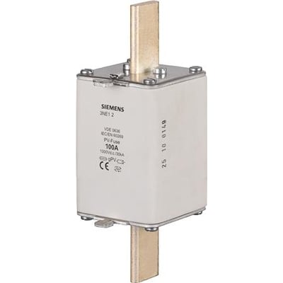 Siemens NH1 PV sikringslink med bladkontakter, 100 A mærkestrøm og 1000 V DC, vist på hvid baggrund.