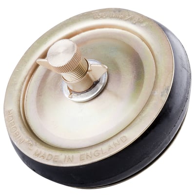 Lauridsen Old Style afspærringsskive til rør fra 50-62 mm, med 1/2" bypass og justeringsvingemøtrik i metal.