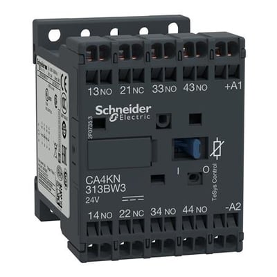 Schneider Electric hjælperelæ serie K, model CA4KN 313BW3 med 3 NO og 1 NC kontakter samt 24V DC spole.