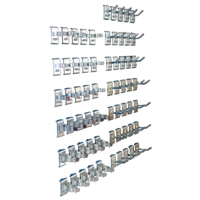 Maskinfabrikken Universal krogsæt UNI-A med 50 dele til hulplader, viser forskellige værktøjskroge og fjederklemmer i metal.