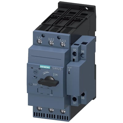 Siemens Sirius 3RV2 motorværn, størrelse S2, med et indstillingsområde på 70-80A og 3 poler, vist forfra med betjeningshåndtag og terminaler.