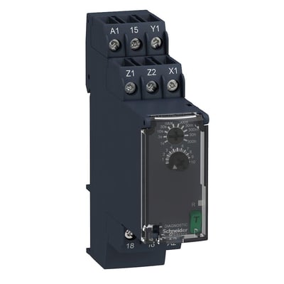 Schneider Electric Zelio RE22R timer med forsinket tiltræk og 24-240V spænding, viser drejeknap til tidsindstilling og LED-indikator.