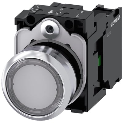 Siemens 22mm rund trykknap i metal med klar, flad knap og 1 slutte (NO) kontakt. Synlige skrueterminaler og 'SIEMENS' logo.