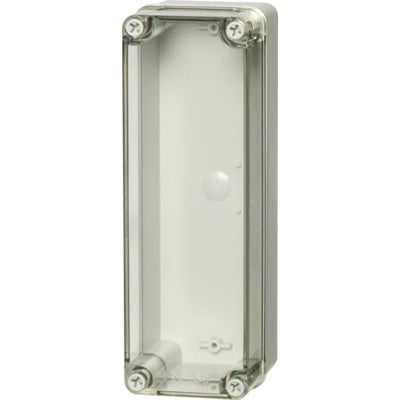 Fibox Piccolo kasse i polycarbonat, 230x80x65mm, med et transparent låg og grå bund, holdt sammen af skruer.
