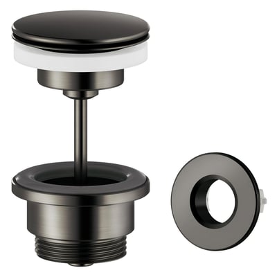 Damixa push-up bundventil i børstet grafitgrå messing, Ø63 mm, med overløbsring og messing bundventilhus.