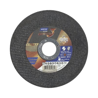 Norton Quantum 3 skæreskive til metal, stål, rustfrit stål og keramik, 125x1,0 mm, med 22,23 mm centerhul, 80 m/s hastighed.