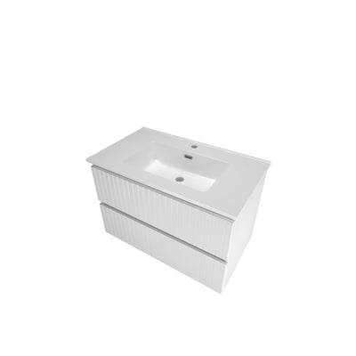 Sanibell Proline møbelsæt i hvid højglans med lodrette lameller og to grebsfrie softclose skuffer, 81x46 cm.