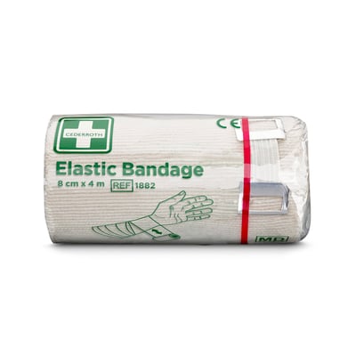 Nærbillede af Cederroth elastisk bandage 1882, viser tekstur af materialet, røde kantbånd og fastgørelsesclips.