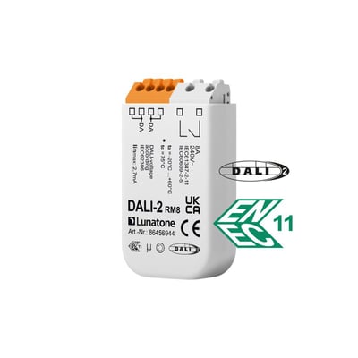 Jumitech Dali-2 RM8 relæ til indbygning, hvidt, med DALI logo, CE mærkning og tekniske specifikationer angivet.