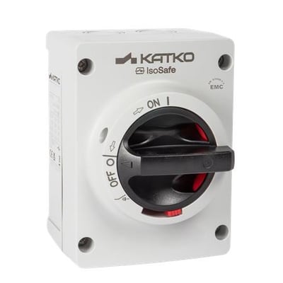 Katko EMC-beskyttet afbryder Isf 330UL M2EMC 2XM25MEMC i hvidt kabinet med sort drejegreb set forfra.