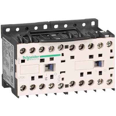 Schneider Electric TeSys K kontaktor LP2K0601BD med 6A, 24 DCV spænding og 3NO kontakter, vist på en hvid baggrund.