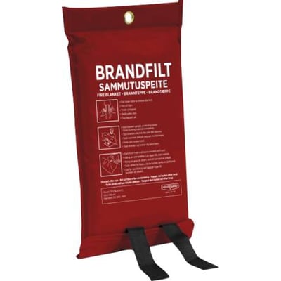 Housegard brandtæppe på 120 x 180 cm i rød opbevaringspose med sort udtræk og synlig brugsvejledning.