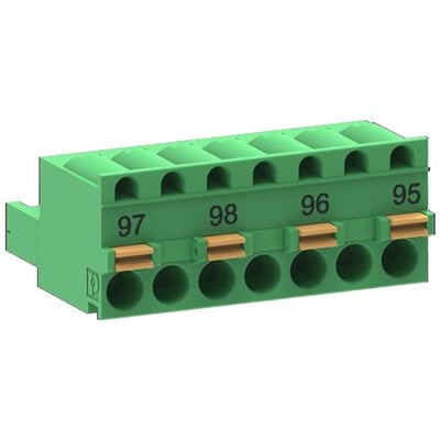 Schneider Electric tilslutningsklemme til termorelæ LR9G, en grøn fjederklemme med nummerering 95, 96, 98, 97 for TeSys Giga.