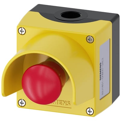 Siemens nødstopkasse med 40mm rød paddehattryk, guldfarvet metalkabinet og 2NC kontakter, med synlig Siemens-logo.