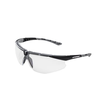 Activewear Rocky 4040 sikkerhedsbrille med klar linse og sorte, justerbare brillestænger set skråt forfra.