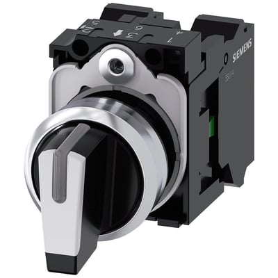 Siemens Sirius ACT 22mm vælgerkontakt i højglans metal og hvid farve med 3 kontaktpositioner og fjederterminal.