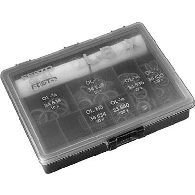 Festo tætningsringssortiment OL-S1 i en gennemsigtig opbevaringsboks med flere rum, der indeholder forskellige størrelser af O-ringe.