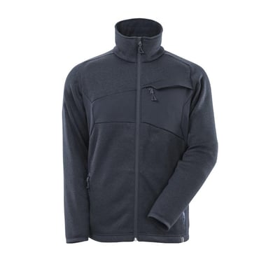 Mascot Accelerate striktrøje i mørk marine, 2XL, detaljeret visning af lynlås, lommer og materiale på hvid baggrund.