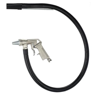 Sandblæsesæt med pistol, 1,2 m slange og 6 mm dyse i metal og sort gummi på hvid baggrund.