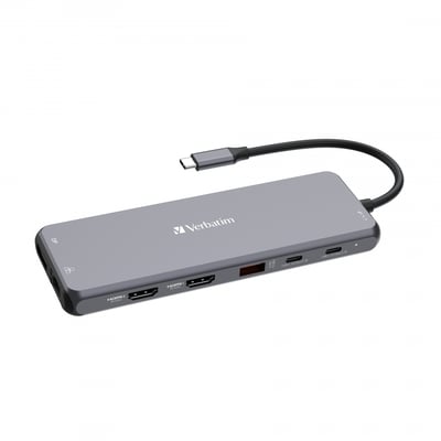 Verbatim USB-C Pro Multiport Hub med HDMI, USB-C og USB-A porte vist i en dynamisk vinkel på grå baggrund.