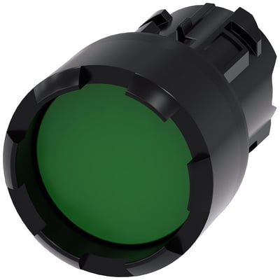 Siemens SIRIUS ACT 22mm trykknap med grøn frontring i robust plast, vist med hvid baggrund.