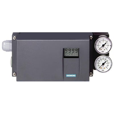 Siemens SIPART PS2 positioner med digitalt display og to trykmålere på højre side, grå plastikkabinet.